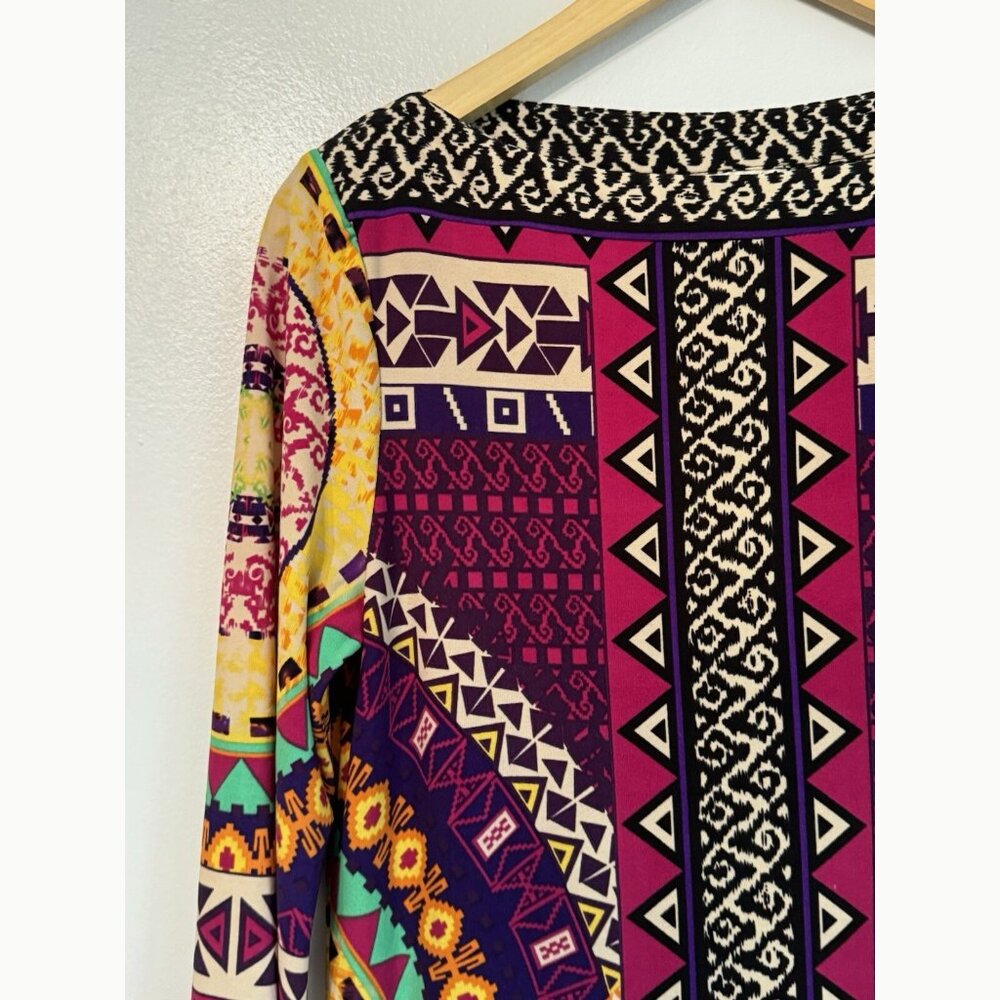 Vintage ICE Geometric Tribal Shift Dress Women’s 8 Multicolor 3/4 Sleeves Boho - Picture 4 of 7